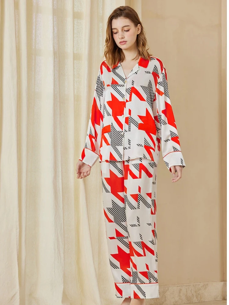 100% Mulberry Silk Pajamas Set Two-piece Women's Long Sleeve Pants Fashion Contrast Color Houndstooth Print Elegant Loungewear