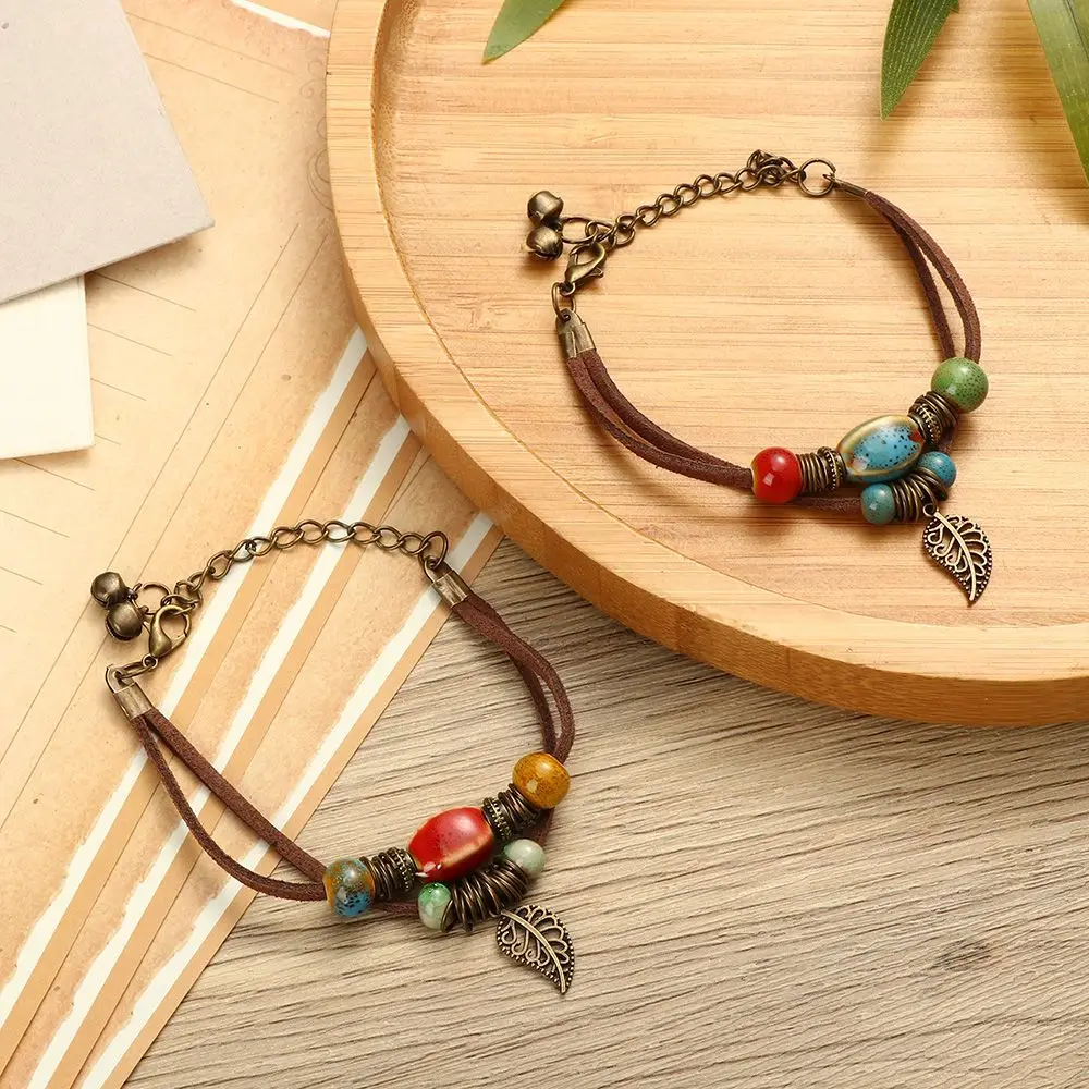 Hand-woven Cowhide Rope Bracelet Ceramic Bead Bohemian Bracelet Birthday Gift Accessories Creative Popular Gift Jewelry