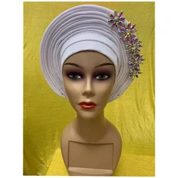 White African Turban Cap With Flower Drill  Nigeria Head Wrap Women Cap Nigerian Auto Gele Already Made Aso Oke Hat XM8-0-1