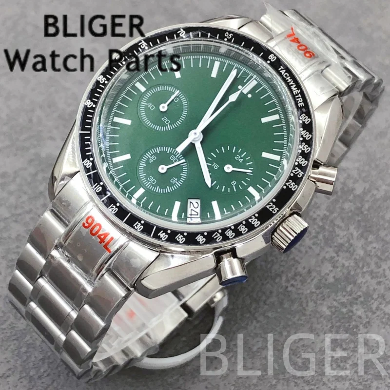 BLIGER Sport 40 мм хронограф многофункциональные кварцевые VK63 мужские часы зеленый циферблат светящийся ремешок из нержавеющей стали Dive Montre Homme