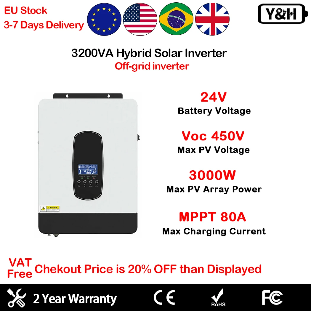 Y&H 3200VA 3000W Hybrid Solar Inverter 24V AC230V Off Grid Inverter Pure Sine Wave MPPT 80A  Solar Charger