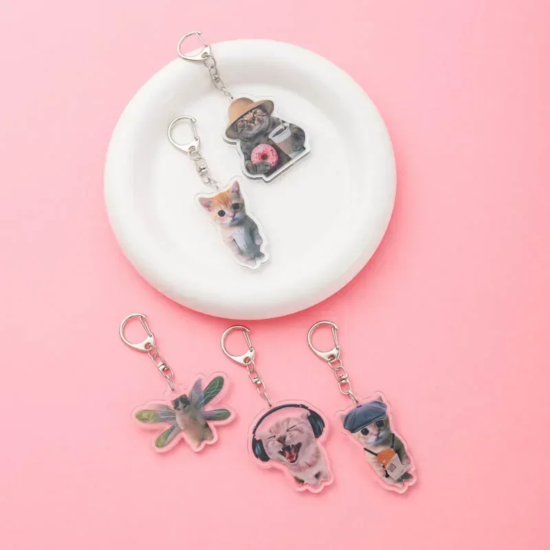 Super Cute Interesting Cat Emoticon Acrylic keychain accessaries Cartoon Emoji Bag Pendant Charm Funny Keyring Friends Fans Gift