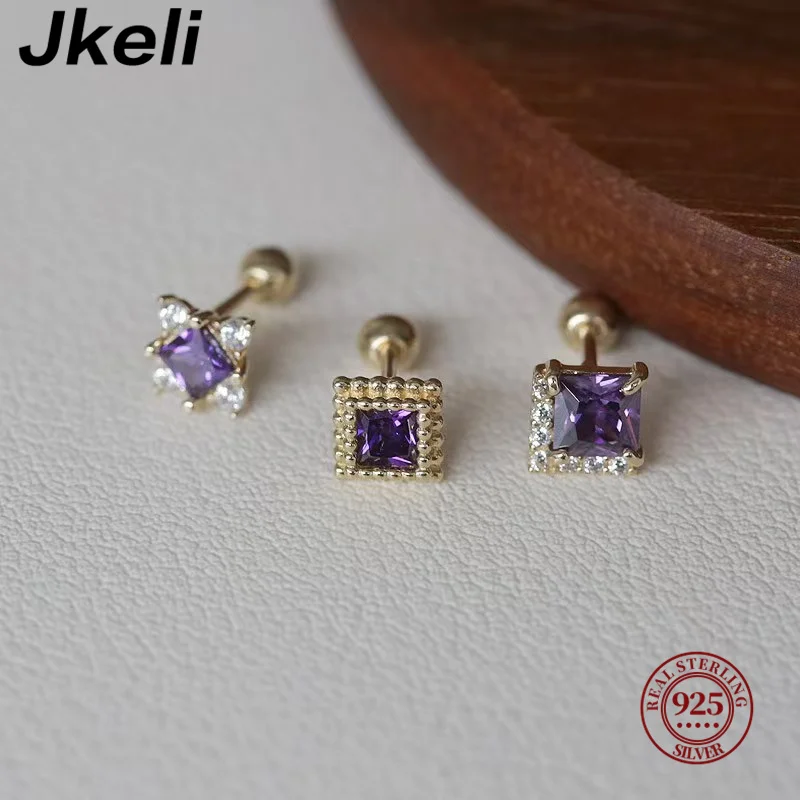 

S925 Sterling Silver 18K Gold Plated Purple Zircon Square Diamond Stud Earrings Unique Design Minimalist Personality Ear Bone St