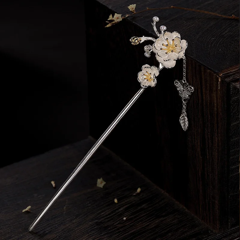 S    Silver Plated Simple Style Hanfu Ancient Costume Step Shaking Lotus Vine Butterfly Wind Restoration Headpiece Hairpin