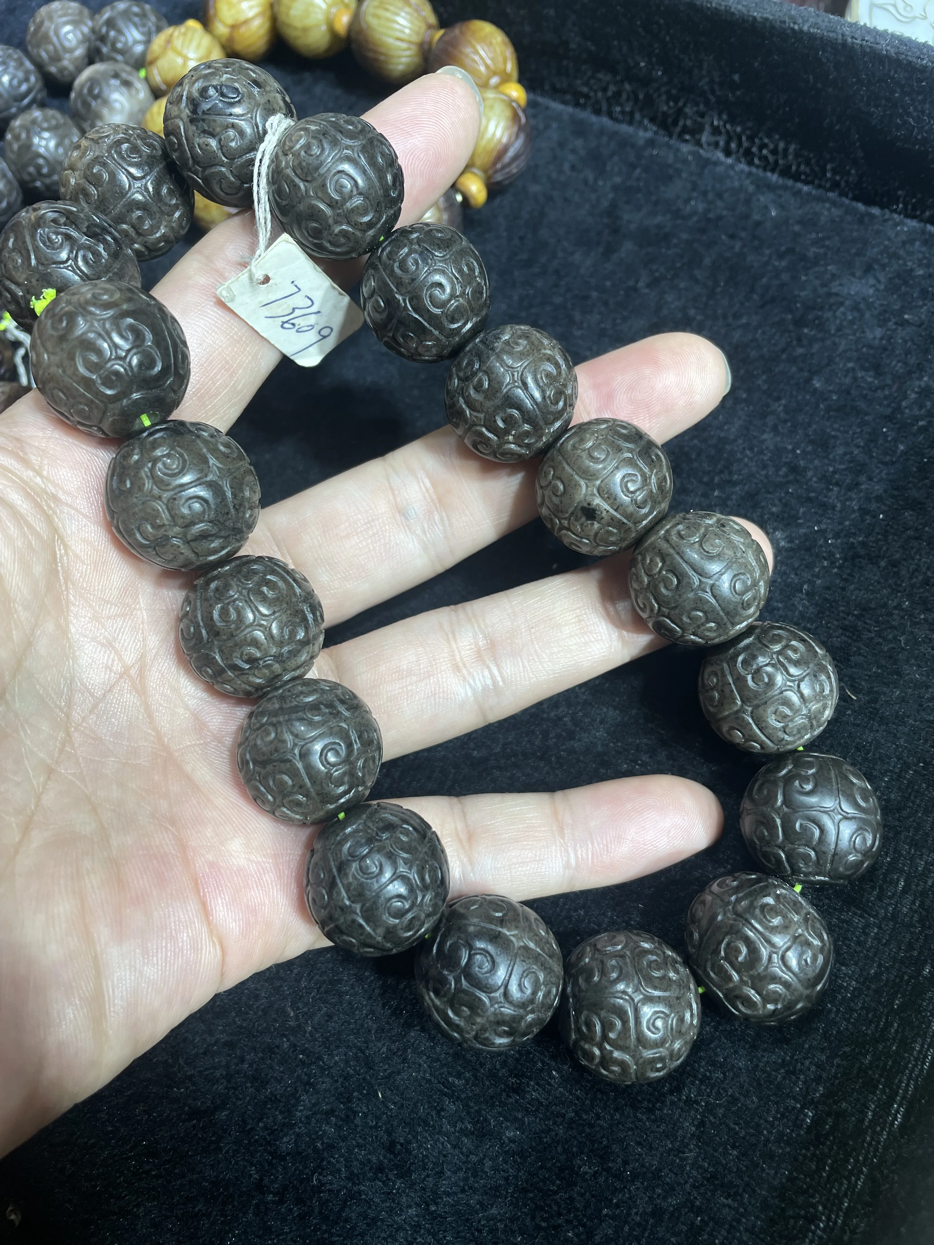 Chinese Vintage Old Jade Fortune Lucky Bead Hand Prayer Strand Carving Amulet Precious Gemstone Jewelry