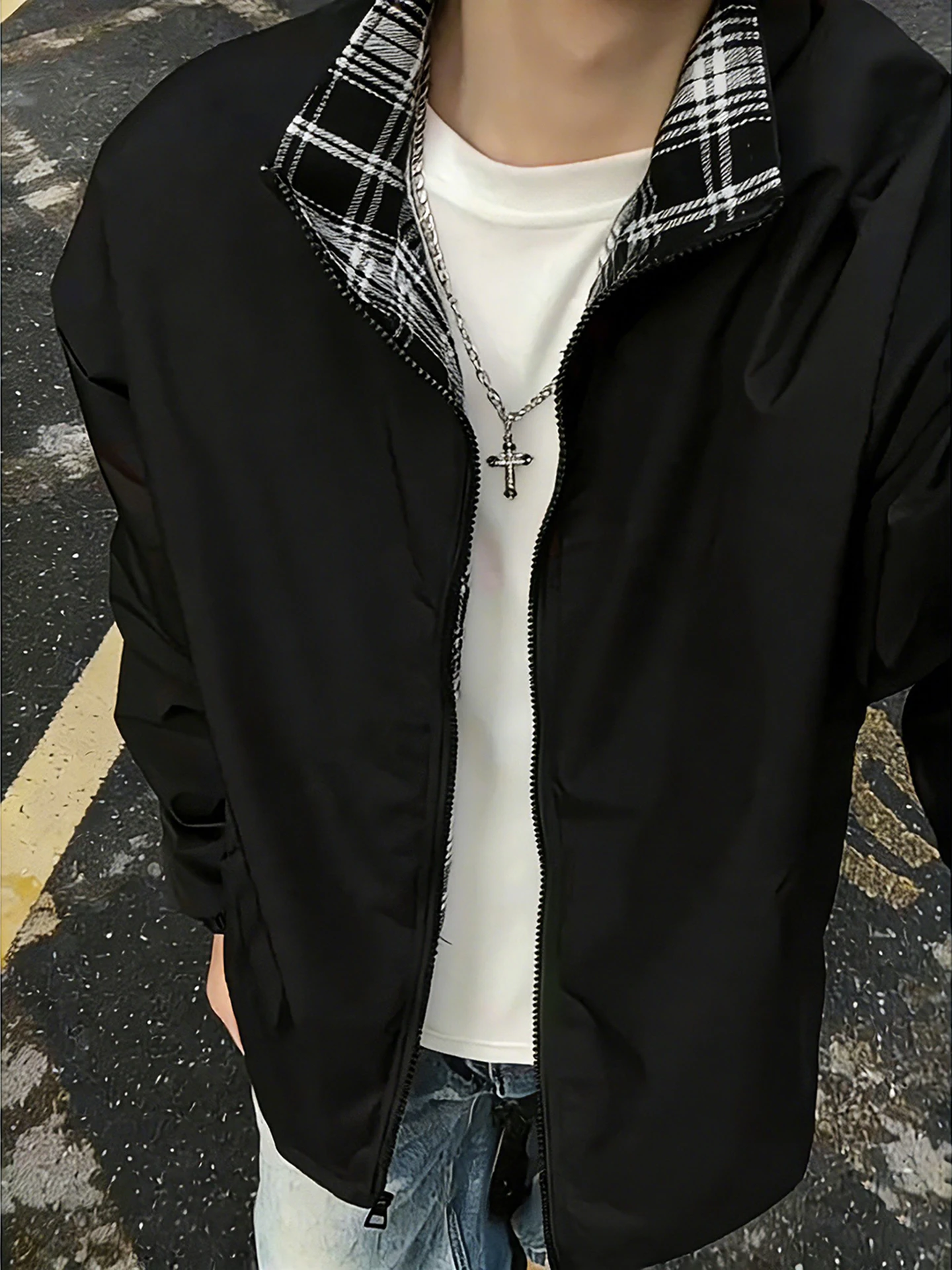 

American Sle Men's Plaid Jaet Spring Vintage Retro Casual Couple Stand Collar Top Polyester Fiber Long Sve Zipper