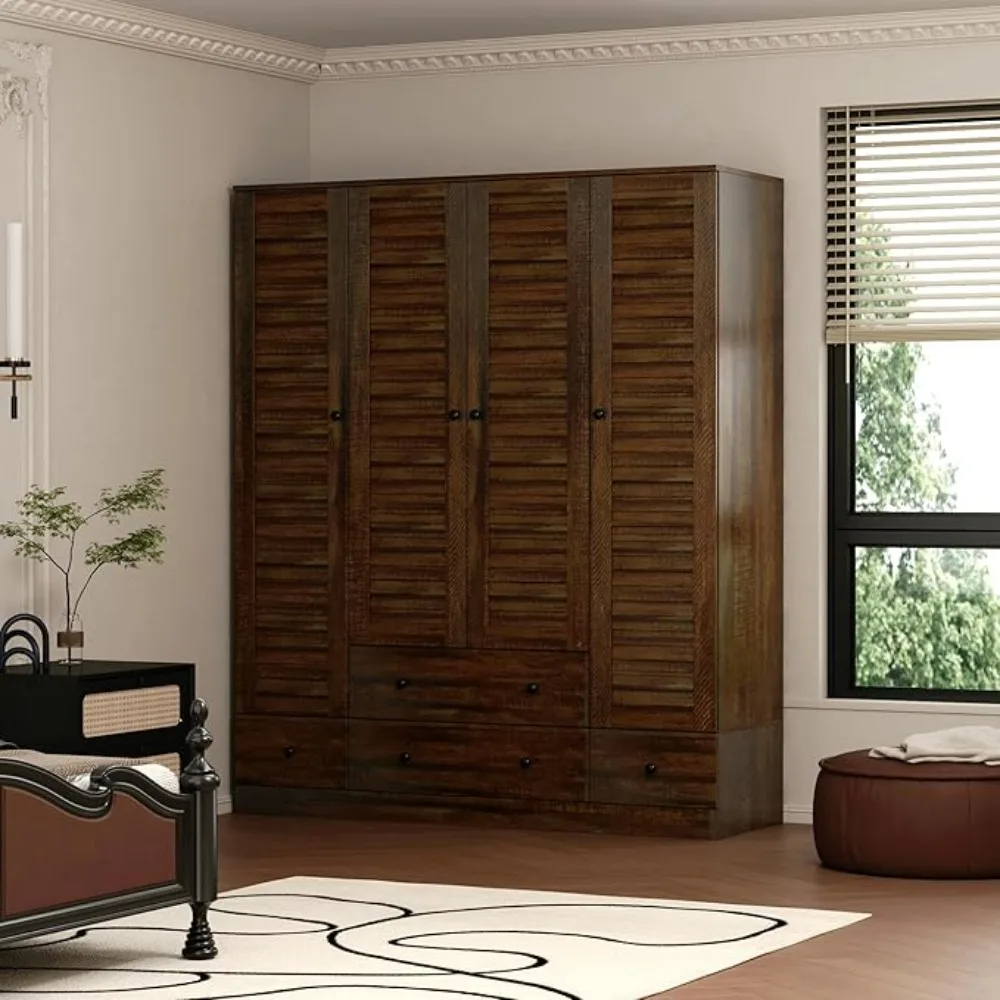 

4 Shutter Door Wardrobe Armoire Closet with Shelves and 5 Drawers, Armoire Wardrobe Closet with 2 Hanging Rods, for Bedroom