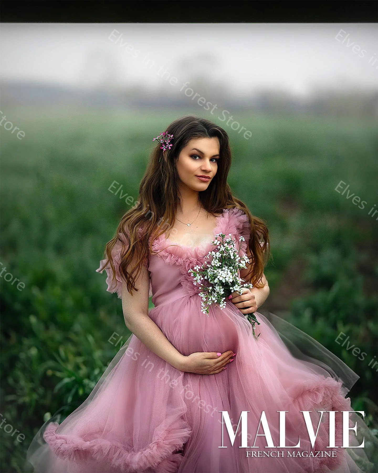 Pink A Line Prom Dresses for Photography Sexy V Neck Sleeveless Pregnant Women Gowns Tiered Ruffles Floor Length Maternity Robes