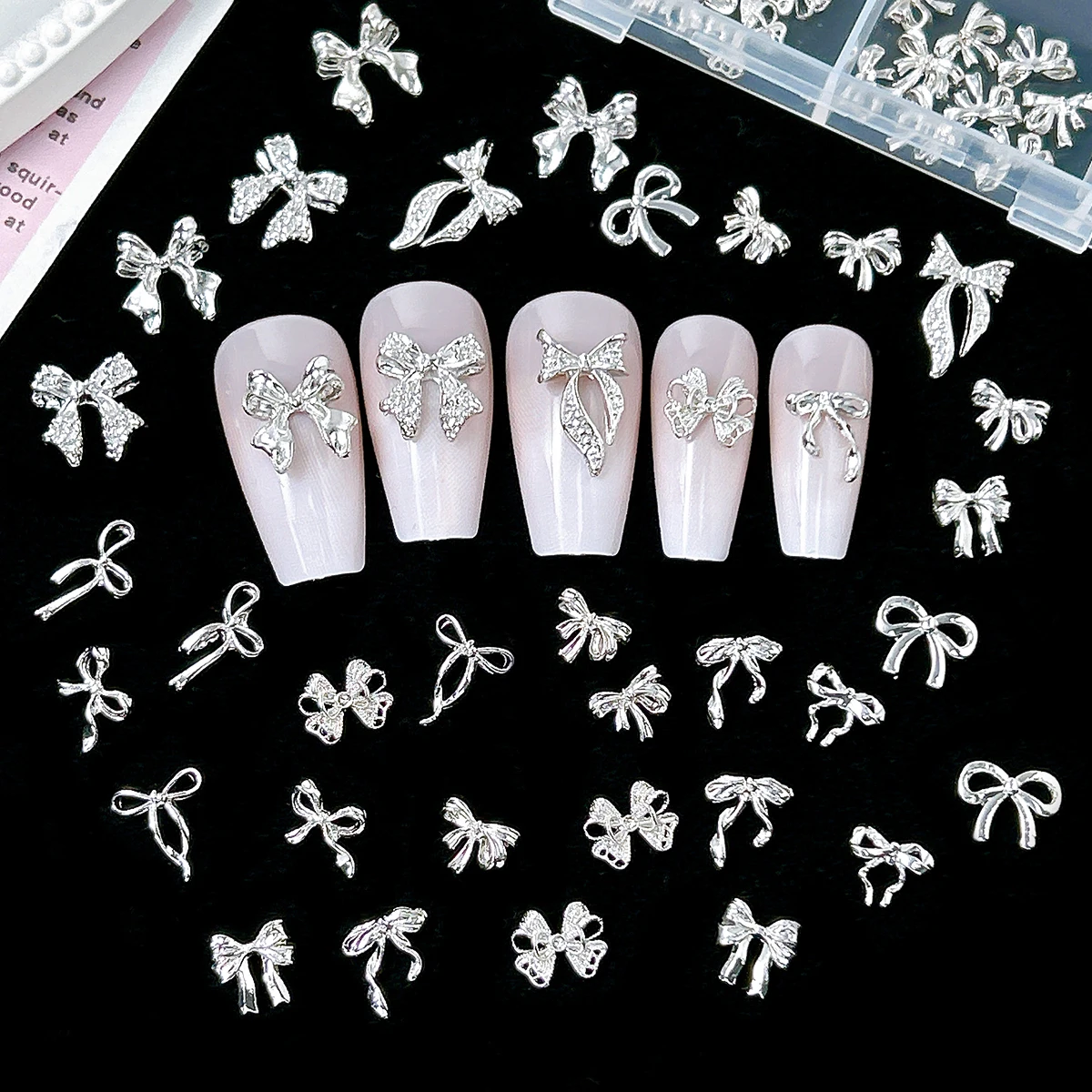 1Box Classic Alloy White K Bows Series Nail Charms Light Luxury Sweet Irregular Ribbon Bow Tie Nail Art Accessories DIY Y2K Nail