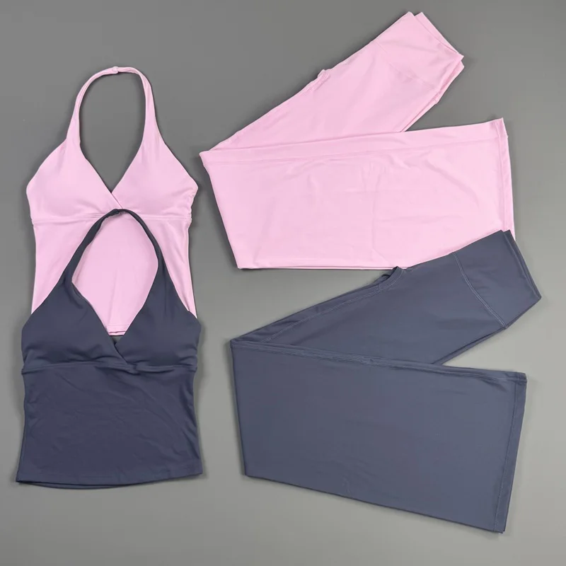 2 Pieces Origin Set Women Halter V Neck Yoga Sleeveless Top Flare Leggings Soft Stretchy Suit Gym Workout Pilates Fitness Outfit