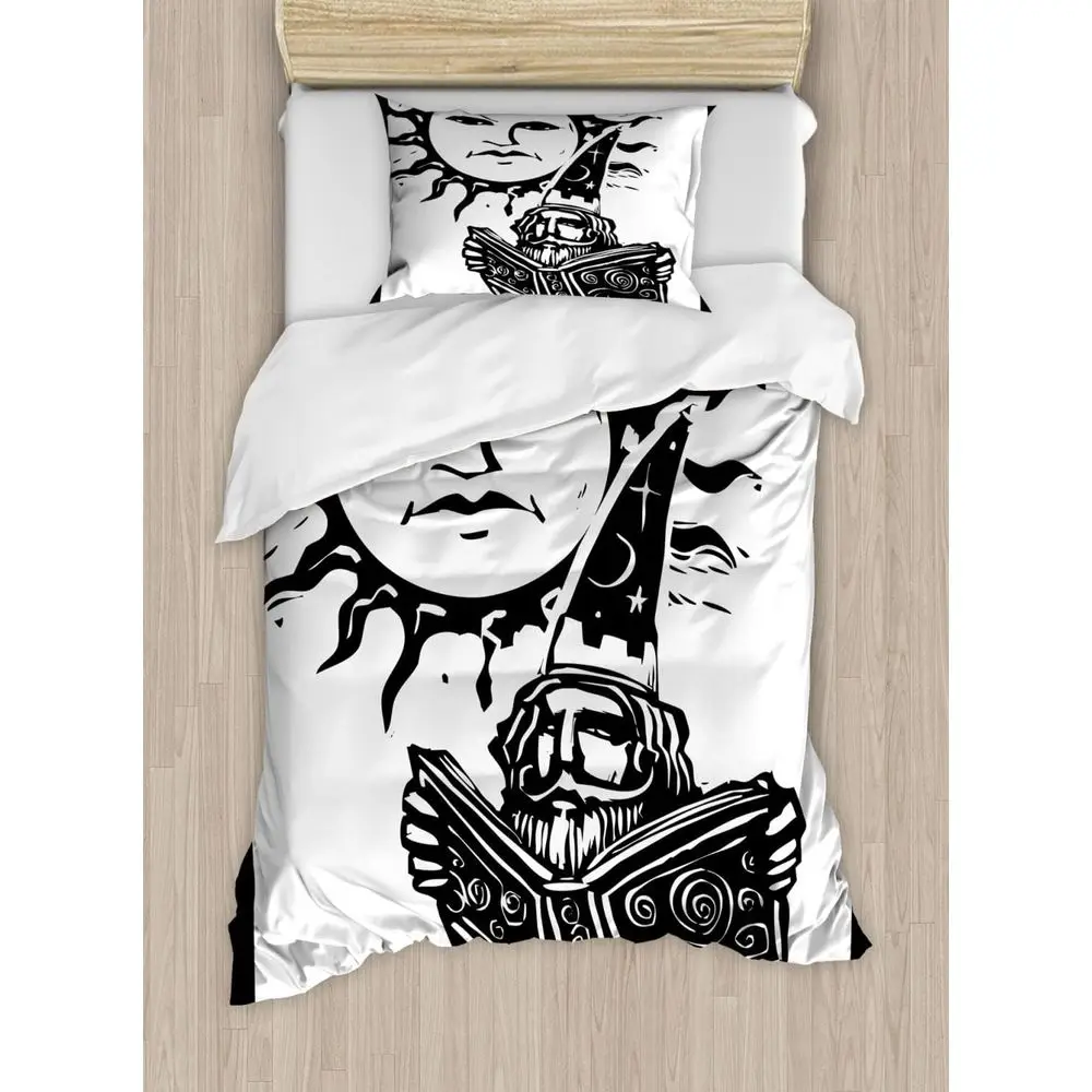 

Double Duvet Cover Set with 4 Pillowcases, Wizard Magic Theme, Queen Size, White and Black