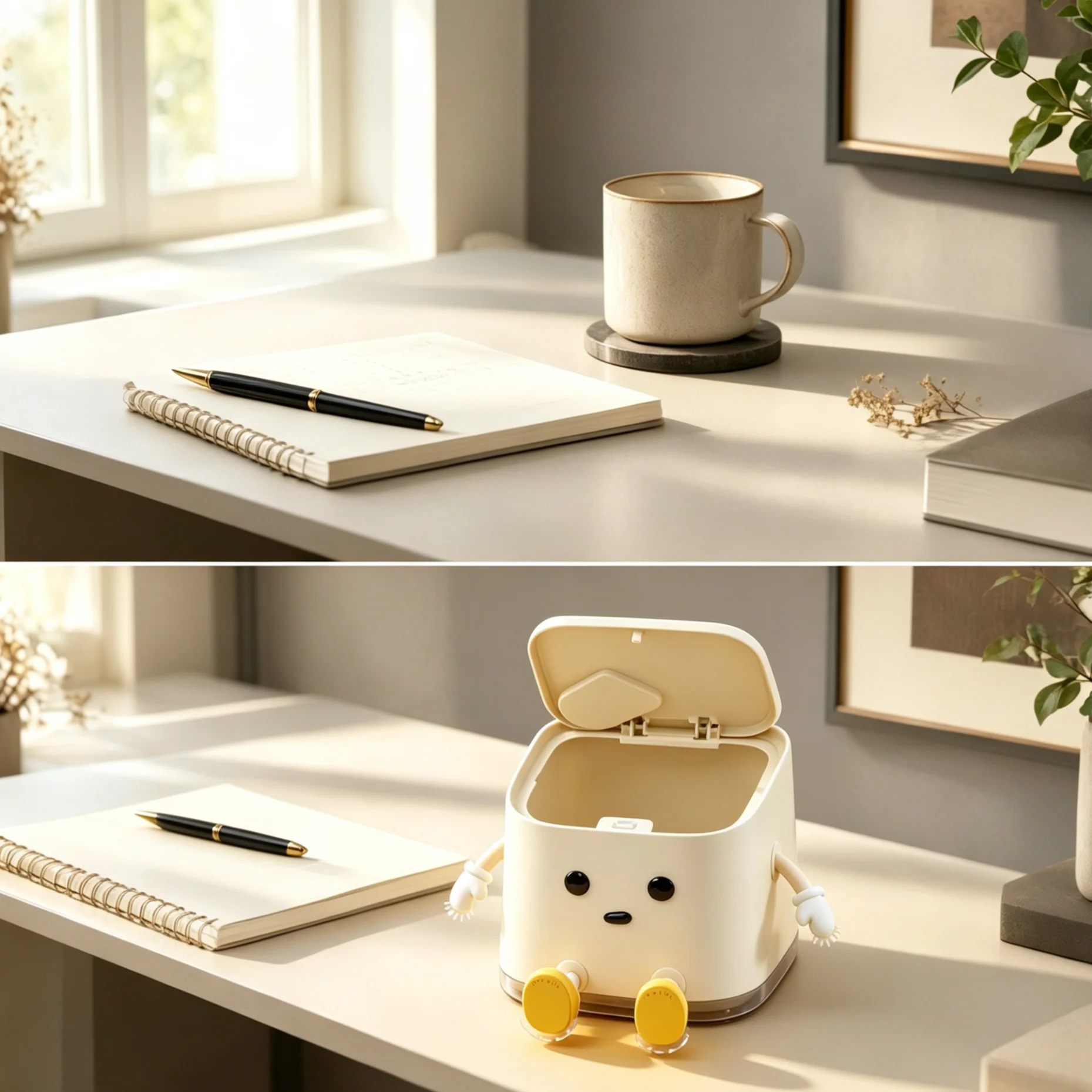 Cute Sitting‑Figure Desktop Waste Bin with Cleaning Brush, Press‑Top Lidded Decorative Trash Container for Office Desk, Bedroom Vanity & Dorm Tabletop