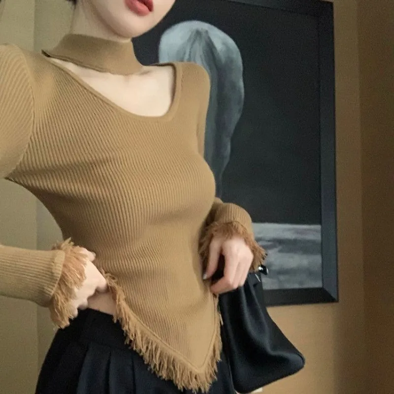 Halter Fashion Women Sweaters 2024 Irregular Knit Top Autumn Winter Pullovers Knitwear Long Sleeve Clothes Tassel Ladies Sweater