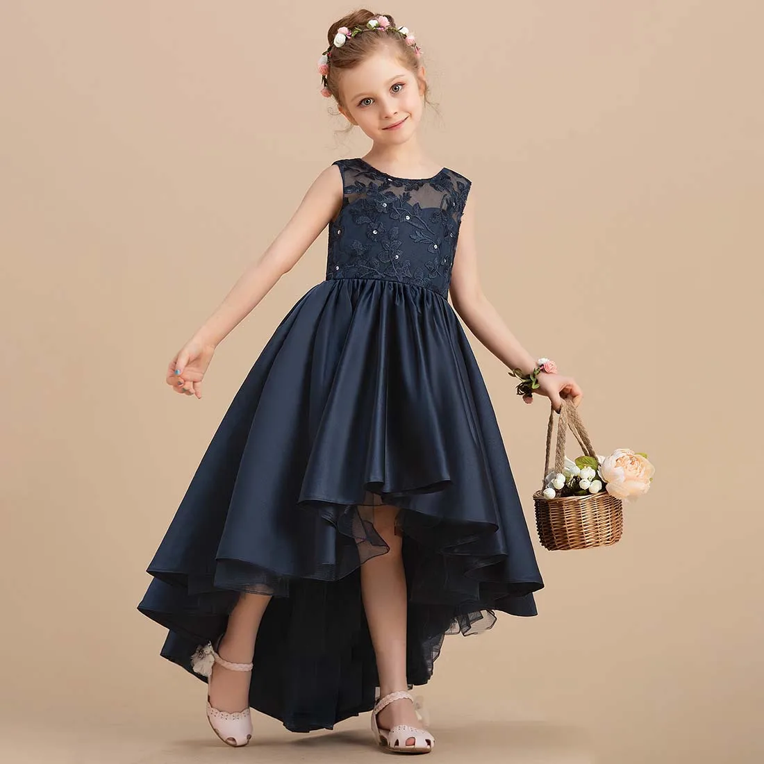 

2023 Satin Flower Girl Dress Ball Gown Princess Scoop Asymmetrical