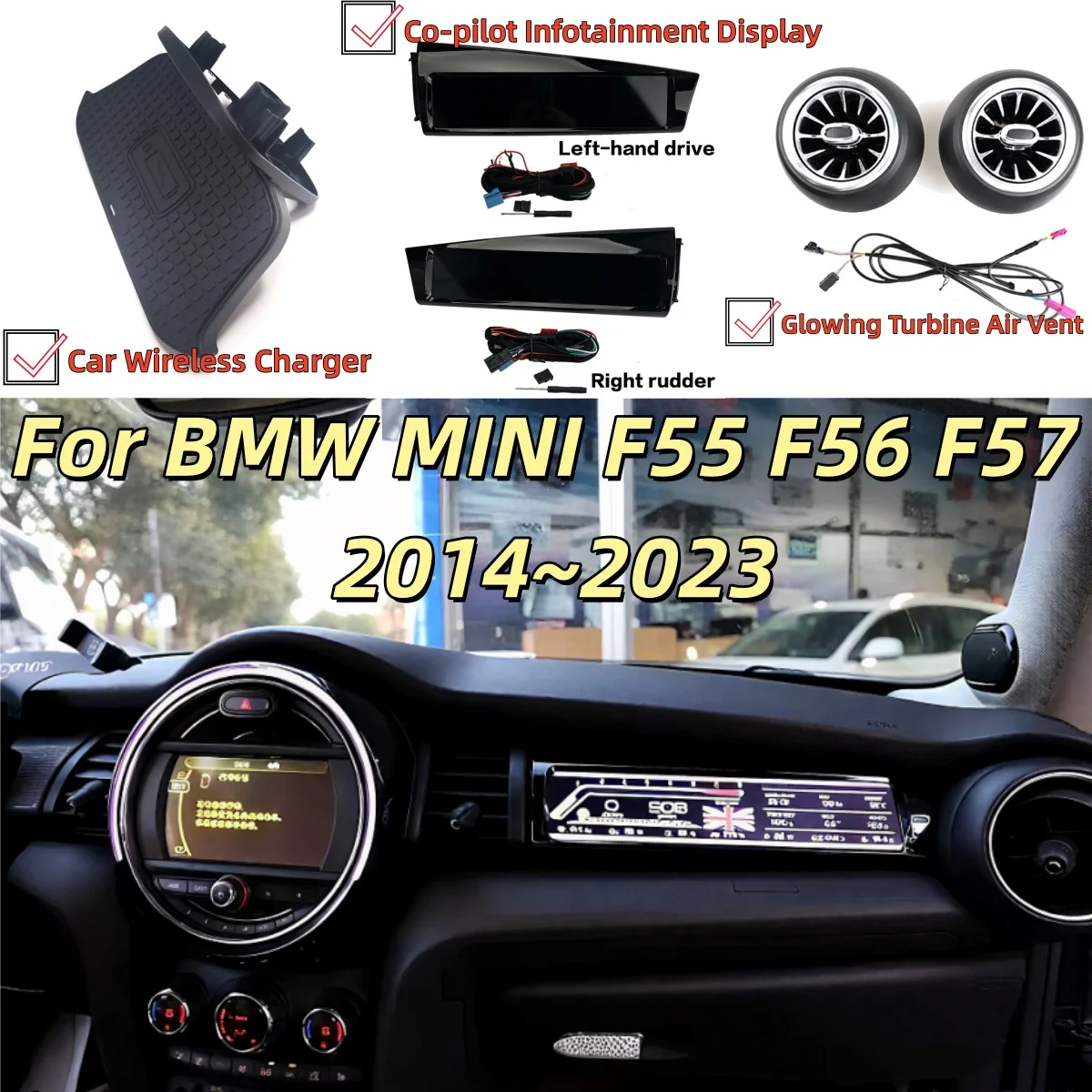 Wireless Charging Glowing Turbine Air Vent Co-pilot LCD Instrument Cluster For BMW MINI F55 F56 F57 2014~2023 Complete Upgrade