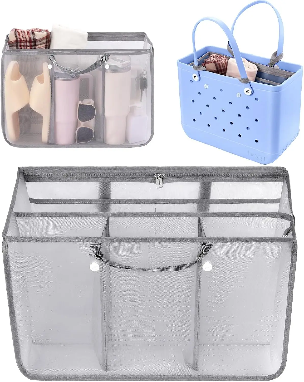 Organizador de bolsa de playa compatible con accesorios para bolsas Bogg extragrandes, inserto de malla ligero con compartimentos divisorios para la bolsa XL original.