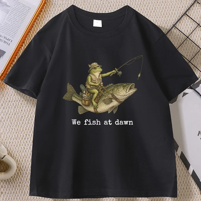 Funny Dad Fishing T Shirt Fisherman Lover Tee Father Frog Fish T-shirt Casual Round Neck Printed Cotton Short Sleeve Tshirts