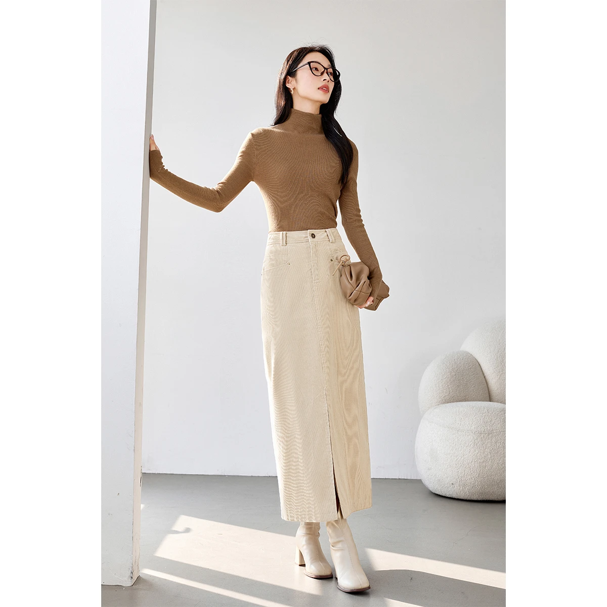 VIMLY Women's Long Skirt Apron‑colored Midi Vintage Corduroy High‑waist Straight Front‑slit Skirts Casual Female Clothing A0587