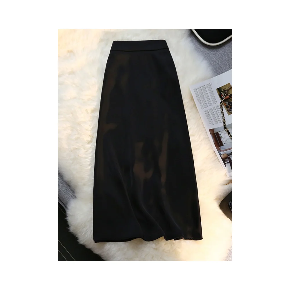 Office Lady\'s A-Line Sweet Trend Skirt Women Silk Satin Solid Skirt Summer Elegant Zipper Elastic Waist Midi Skirt All-Match
