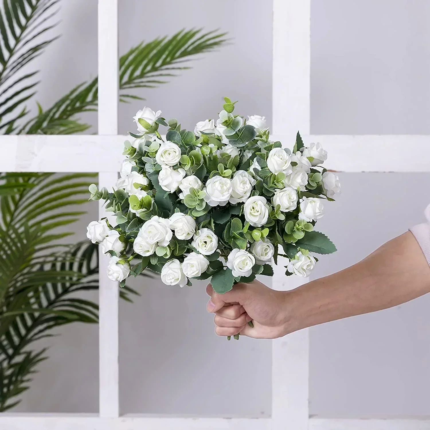 10 Heads Artificial Flower Silk Rose white Eucalyptus leaves Peony Bouquet Fake Flower for Wedding Table Party Vase Home Decor