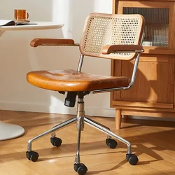 Fauteuil d'ordinateur tissé en rotin pour bureau à domicile, chaise de jeu décontractée, levage rétro nordique, roue rotative universelle, salle de prairie en rondins