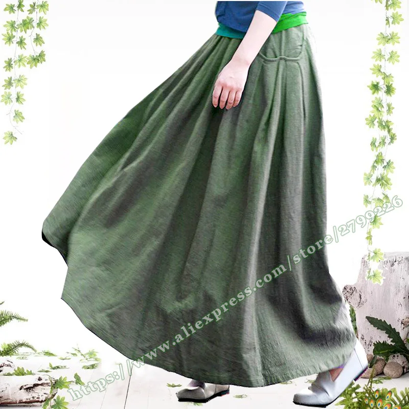 2024 Plus Size 6XL 7XL Vintage Casual Cotton and Linen Folds Big Pocket Maxi Skirt , Autumn Thick Flax Long Skirts for Womens