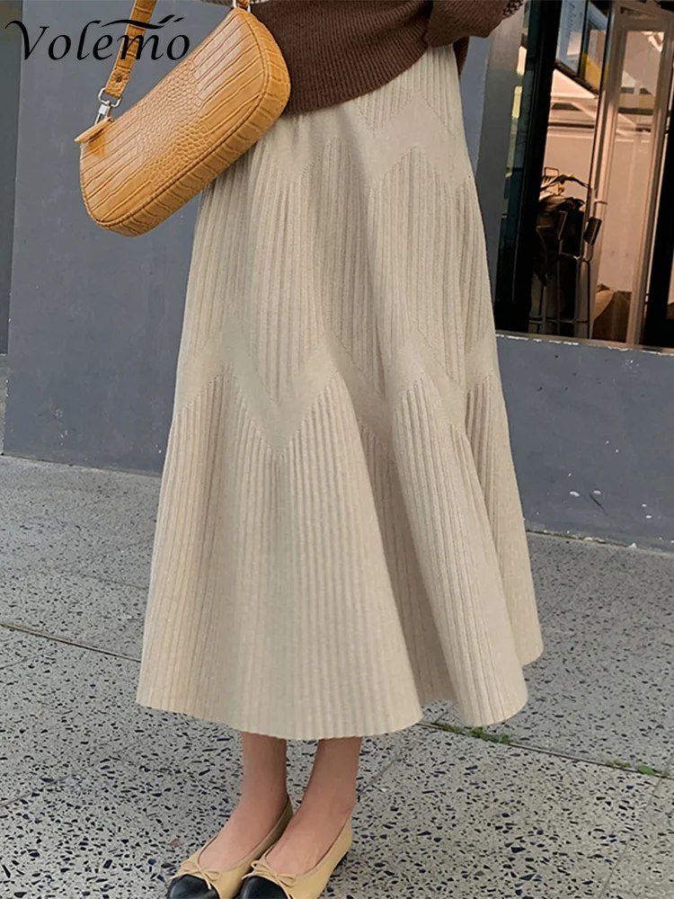 

Volemo Knitted Long Skirts New 2023 Autumn Winter Women Solid High Waist Umbrella Skater Long Skirts Female Korean vintage