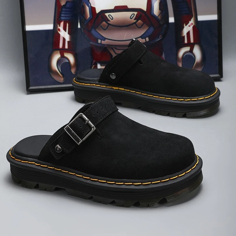 

Мужские полутапочки, модные большие кожаные повседневные тапочки, летняя нескользящая пляжная обувь, мужские тапочки, классические сабо, обувь