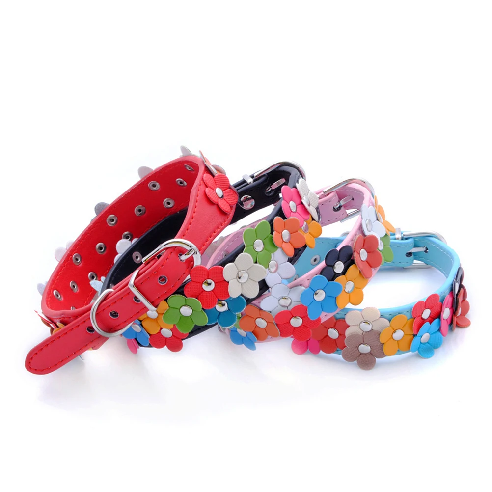 

Red S Size 2.5X37Cm Adjustable Dog Cat Puppy Collar Alloy Buckle D Ring Rhinestone Flower Decoration Durable Pu Pet