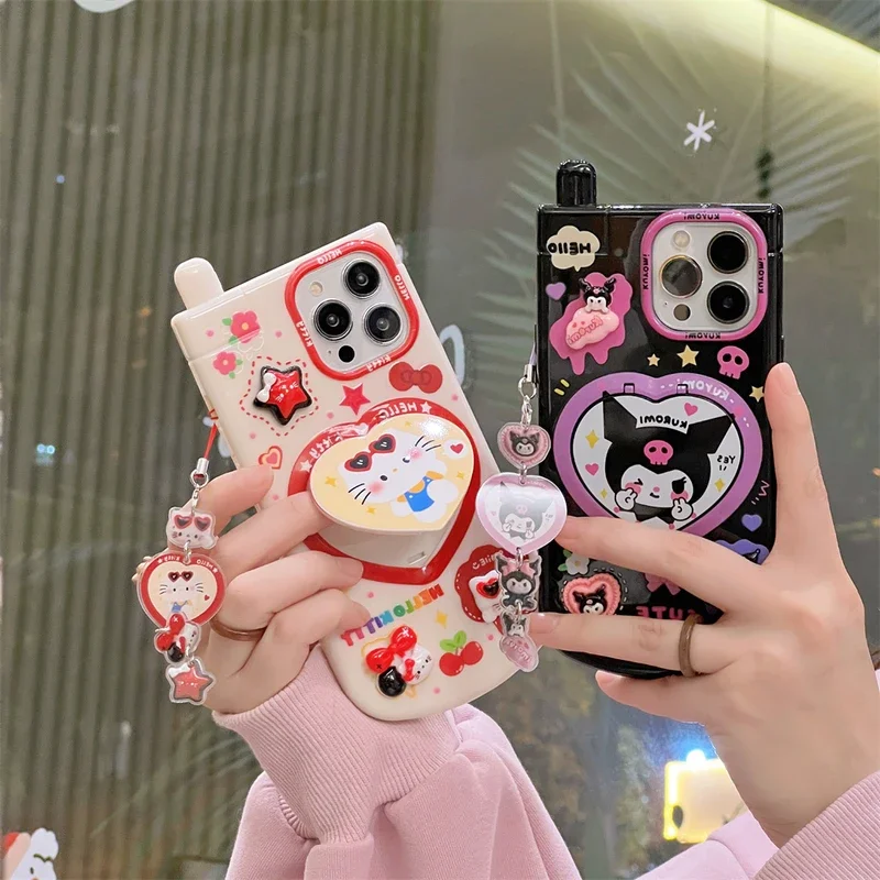 3D Cute Cartoon Sanrio Hello Kitty Kuromi Hide Makeup mirror Phone Case For iPhone 15 14 13 12 11 Pro Max Soft TPU Cover