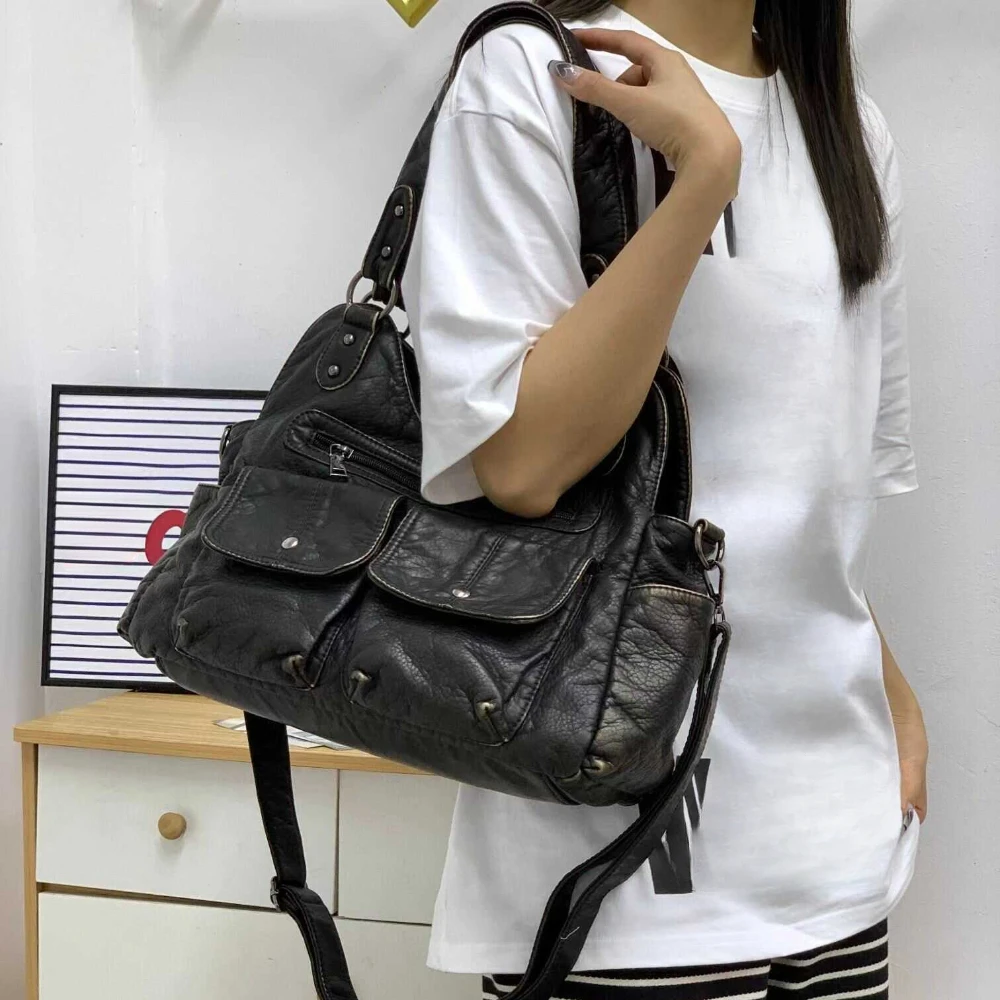 Ladies' fashionable retro multi pocket tote bag Y2K punk motorcycle bag single shoulder crossbody bag