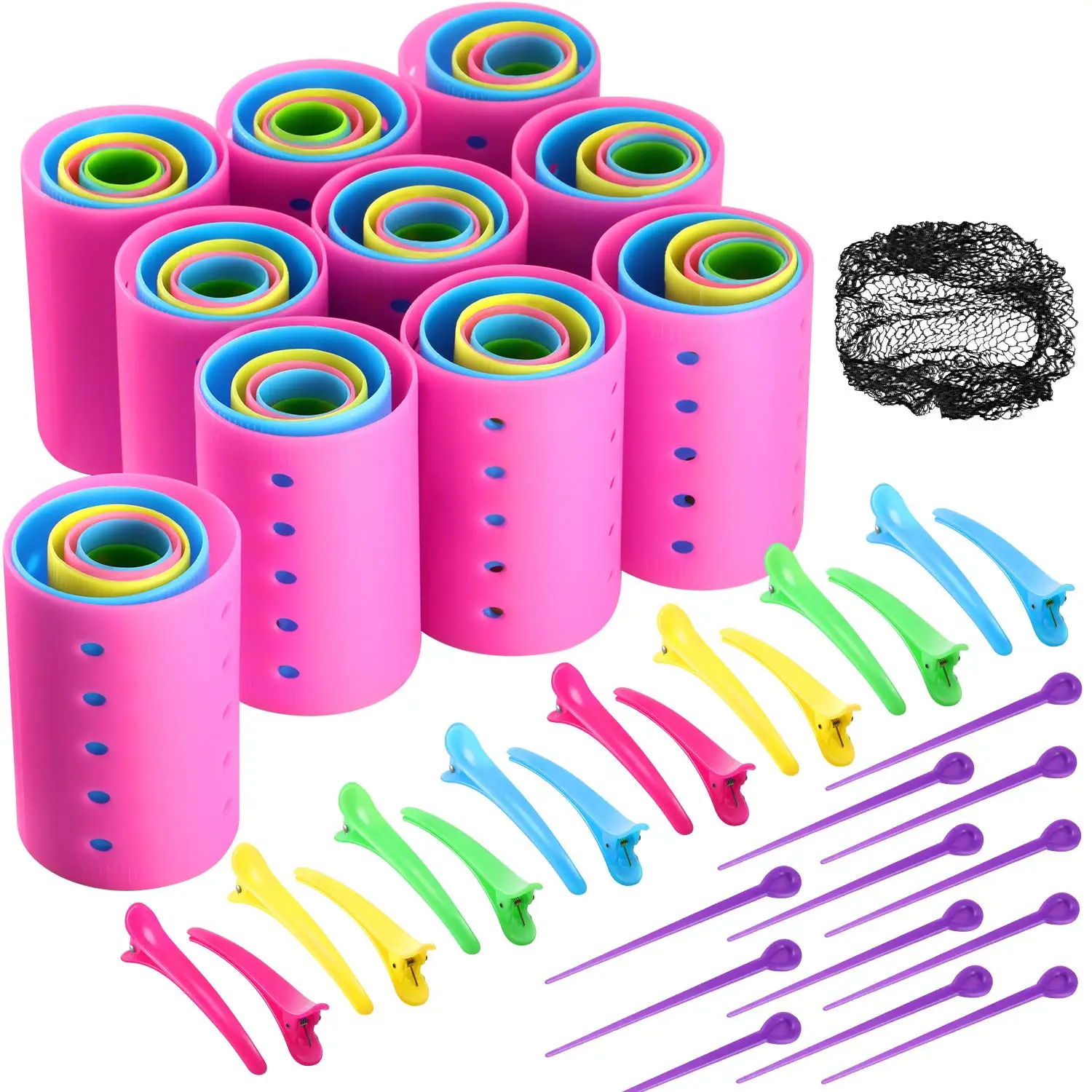 

141Pcs Hair Rollers Set - 60 Plastic Rollers in 6 Sizes, Pins, Clips & Net