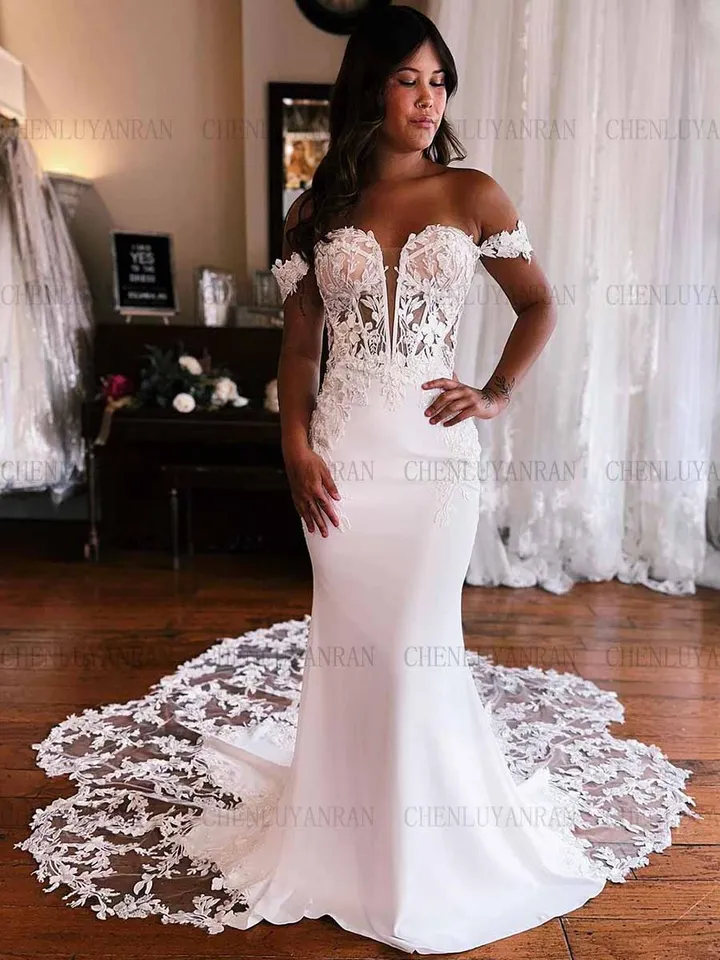 chinese dress ladies Dexinyuan Mermaid Wedding Dresses for Bride 2026 Off the Shoulder Long  V-Neck Lace Applique Beaded Open Back Bridal Gowns Ivory 2 at Amazon  Women's Clothing store main image 0