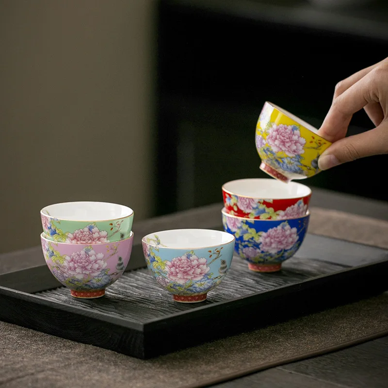 

Ceramic Teacup Set Colorful Flower Pattern Chinese Enamel Teacups Kung Fu Tea Accessories Pin Ming Cups