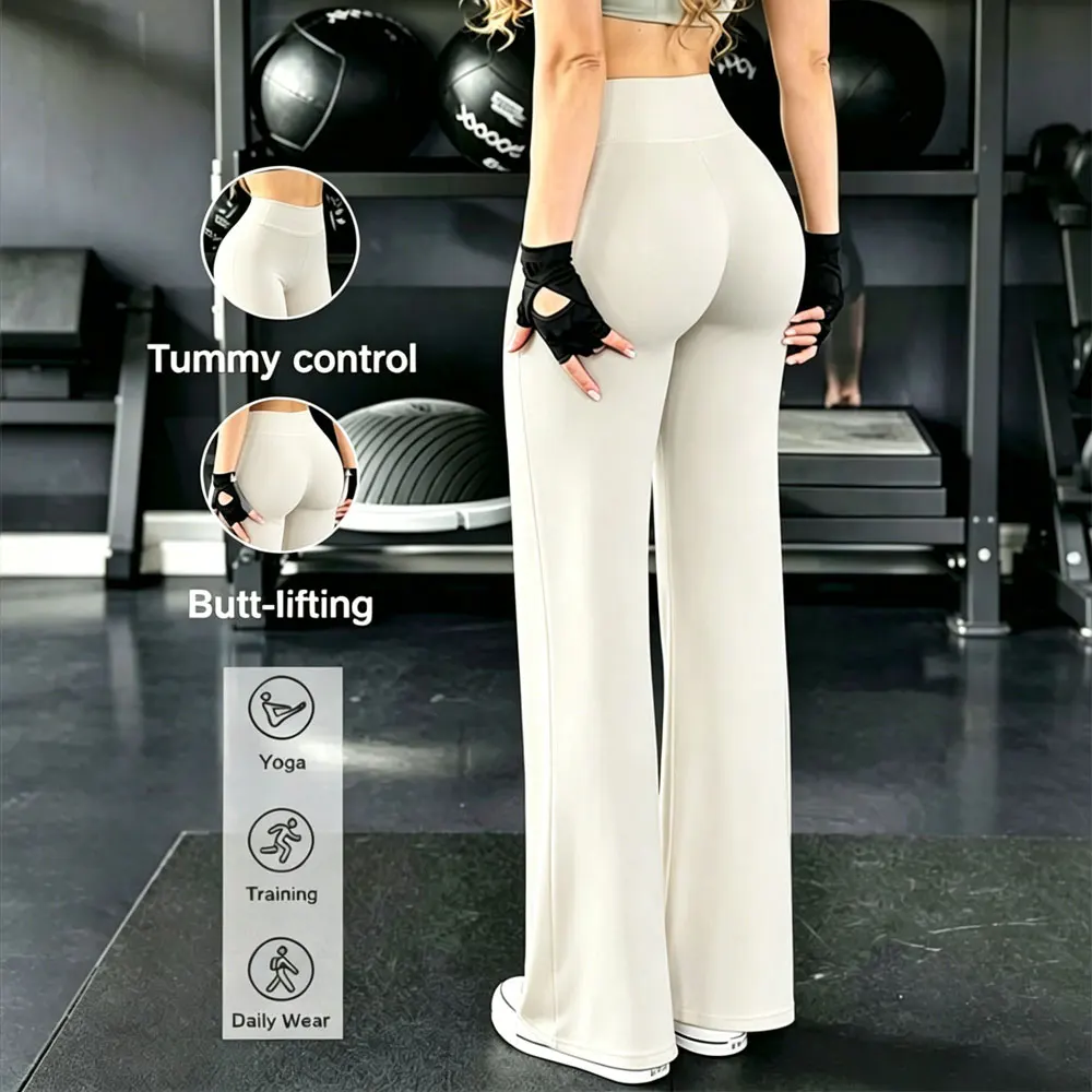

Womens Summer Soft Wide Leg Pants Solid Color High Waist Tummy Control Yoga Legging Suitable For Pilates Fitness Cycling Bottoms