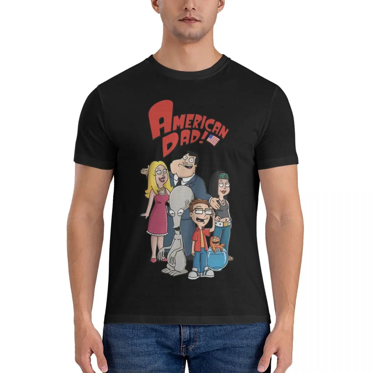 Camiseta de algodón puro de dibujos animados para hombre, camisa de cuello redondo de manga corta, ropa de fiesta, papá americano, novedad