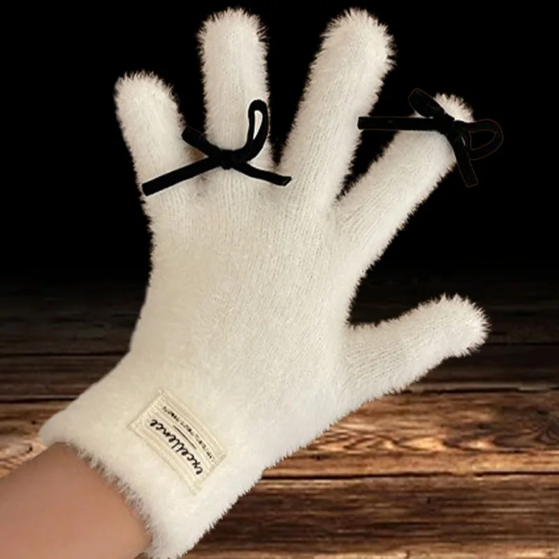 

Women's Soft Mink Fleece Winter Gloves Unisex bow Solid White Warm Plush Knitted Full Finger Glove Screentouch Wrist Mittens