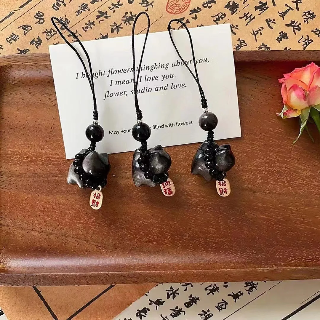 Colgante de gato obsidiana de plata natural | Con significado que atrae la riqueza para colgar en teléfono/llave/bolsa y joyería DIY