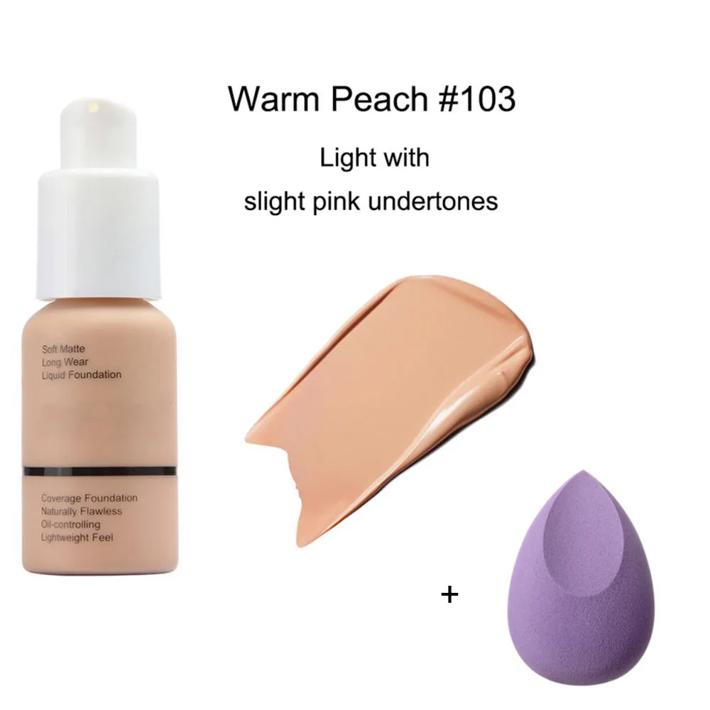 Liquid Foundation Face Primer Liquid Full Coverage Foundation Set with Makeup Sponge, Soft Matte Long Wear Oil Control Concealer