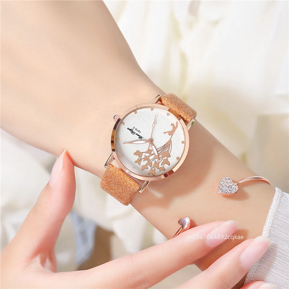 New Fashion Butterfly Women Watches 2024 Simple Brown Quartz Watch Vintage Leather Ladies Wristwatches Drop Shipping Clock Gift