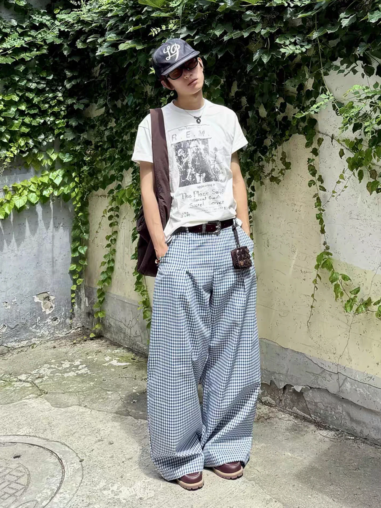 الأزرق منقوشة السراويل الرجال الصيف الأمريكية الرجعية فضفاض الشعور الرياضية ألف خط واسعة الساق Dra السراويل الطويلة #5