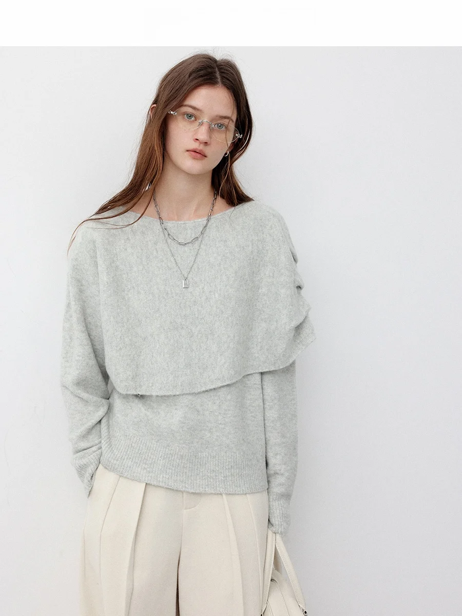 

CHACHASTU Winter New Sle Asymmetrical awl Fake Two-Piece Top Women Ele Splicing Pleated Sweater Commute Sle Loose Fit