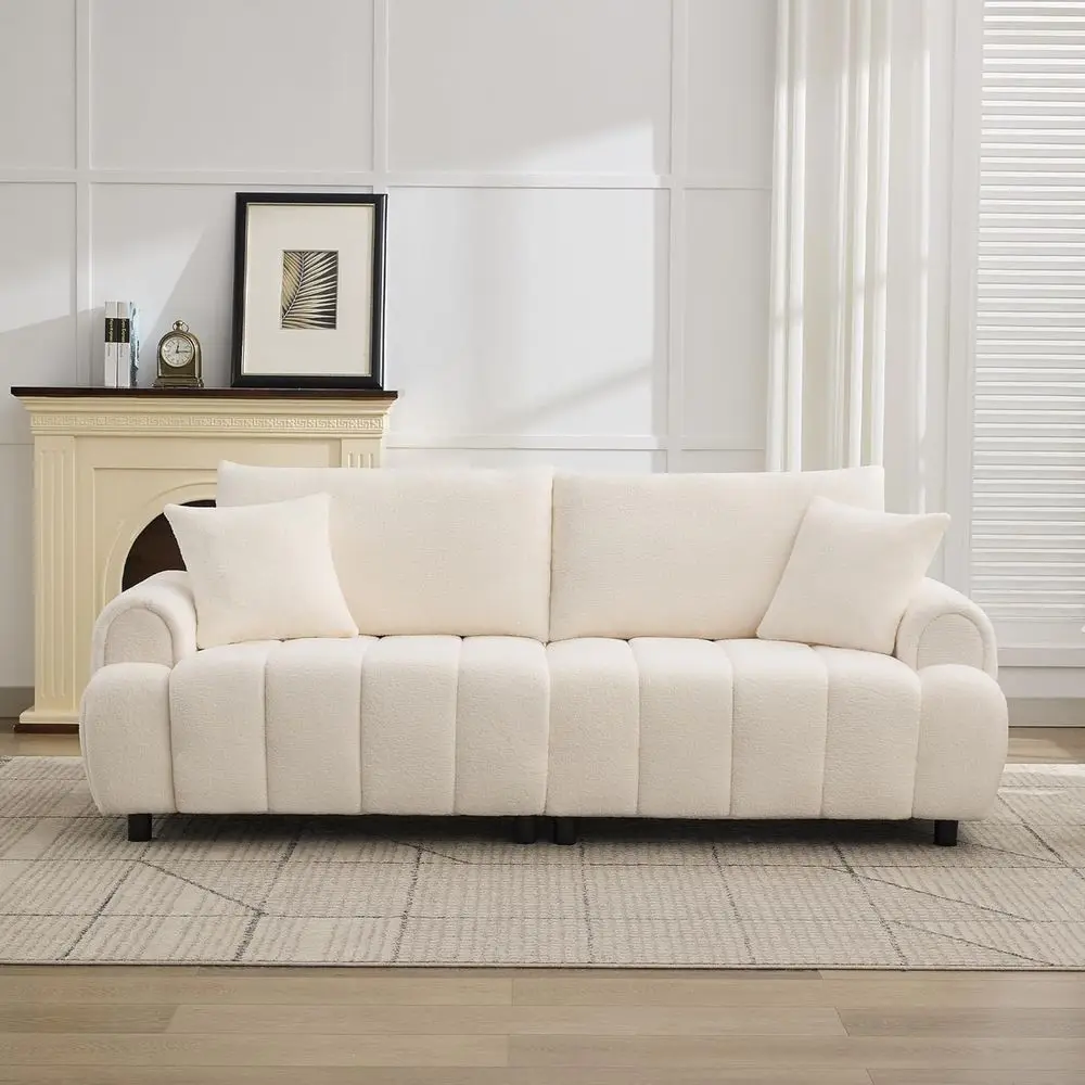 Sherpa-Lined 3-Seater Curved Sofa, Oversized Plush Loveseat for Living Room or Bedroom, Beige