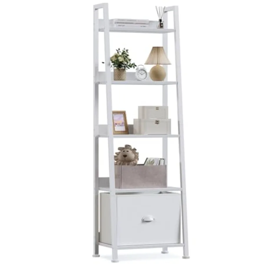 

5-Tier Ladder Shelf Ladder Bookshelf with Removable Drawer Mordern Bookcase Storage Rack Organizer Wood Metal Freestanding Stor