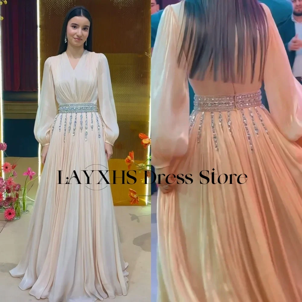 LAYXHS Wunderschönes Abendkleid mit V-Ausschnitt, A-Linie, Perlen, lange Ärmel, Falten-Abschlussballkleid, maßgeschneidert, Gresе нае