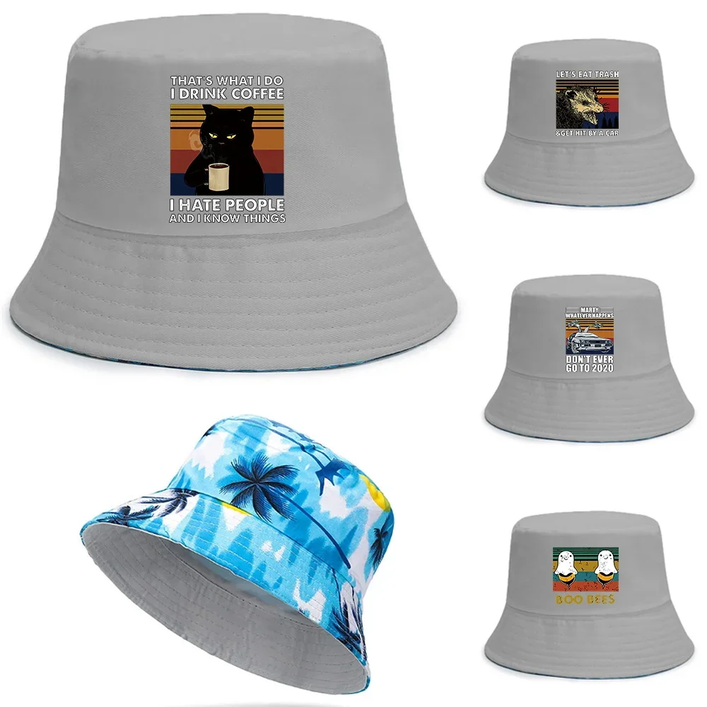 

New Double-sided Wear Fishing Hat Bucket Hats Boys/Girls Outdoot Pew Series Print Fisherman Cap Summer Women Men Travel Hat