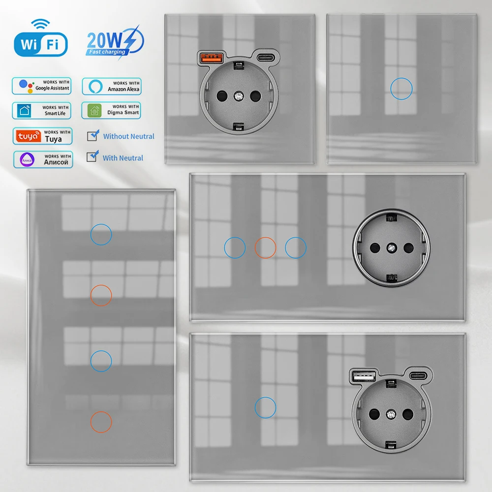 

VISWE серый 1/2/3Gang Wi-Fi выключатели света сенсорный сенсорный стеклянный переключатель 82/153 мм * 82 мм розетка европейского стандарта работает с Alexa/Google Home/Tuya