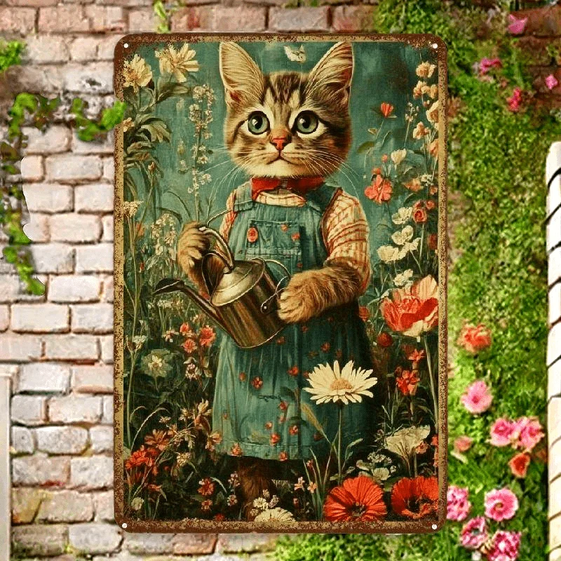 Vintage Garden Cat Metal Sign Iron 8x12 Inch Rustic Wall Decor for Home Cafe Garage Porch