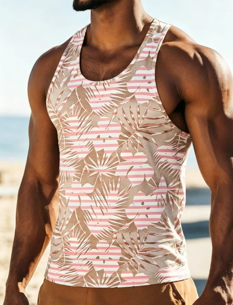 Color blocking plaid/polka dot tropical plant floral print men's Tank, for festivals, summer travel, and casual wear ﻿