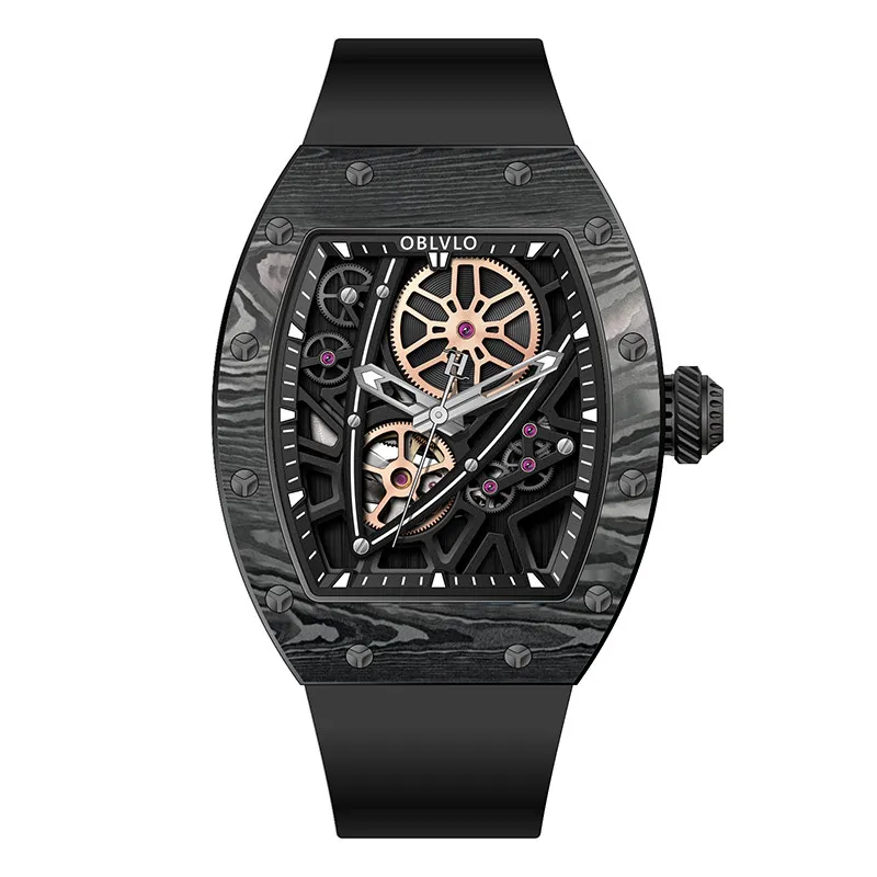 OBLVLO Men Automatic Watch 43mm Tonneau Mechanical Wristwatch Luminous Skeleton Dial Sapphire Mirror